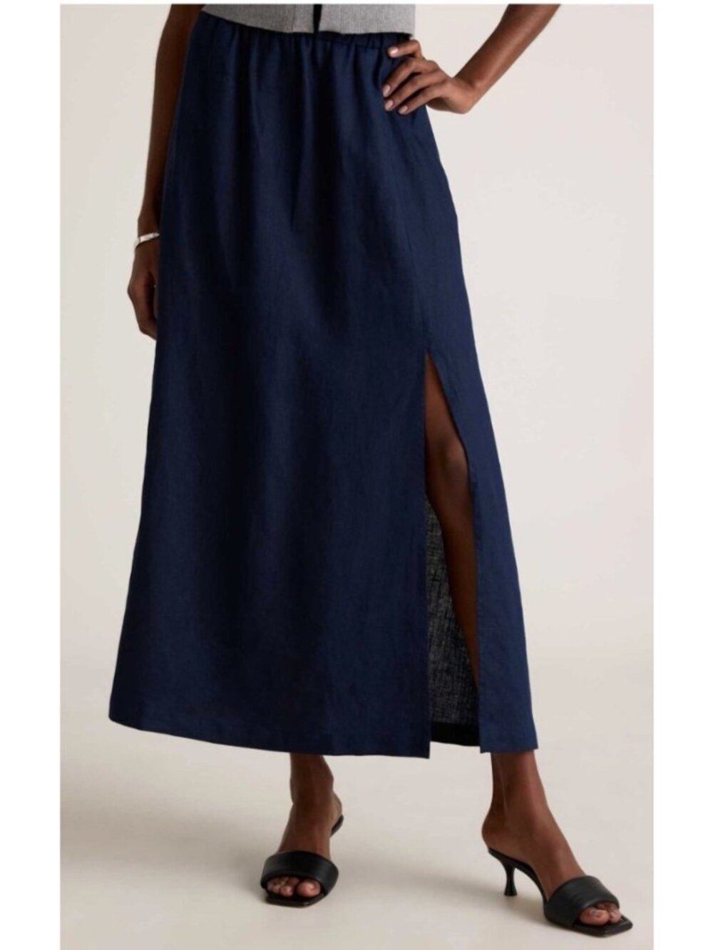 Quince Women's Sz Small Navy Blue A-Line Linen Maxi Skirt With Pockets & Slit